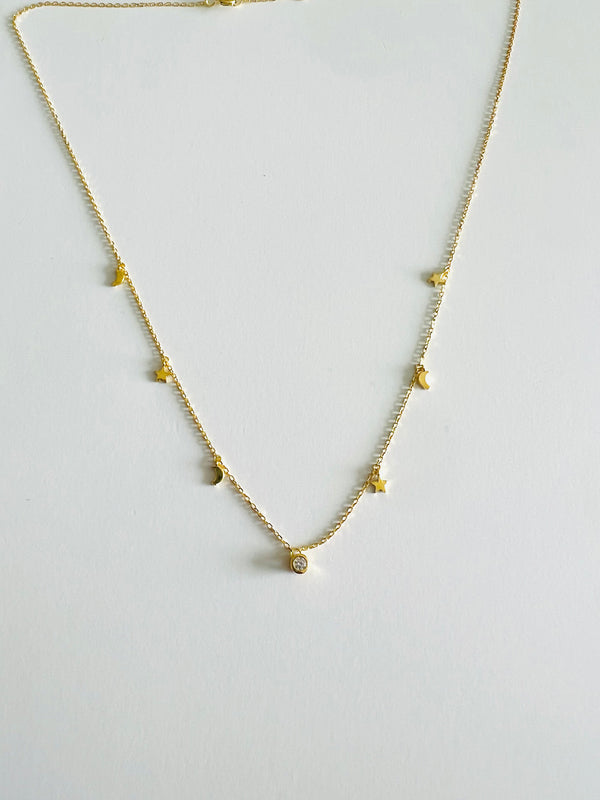 925  Sterling Silver Gold Moon & Star Necklace