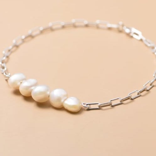 925 Sterling Silver Freshwater Pearl Round  Bracelet