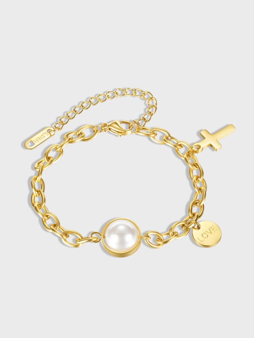 Bracelet Imitation Pearl & Cross Steel  Gold