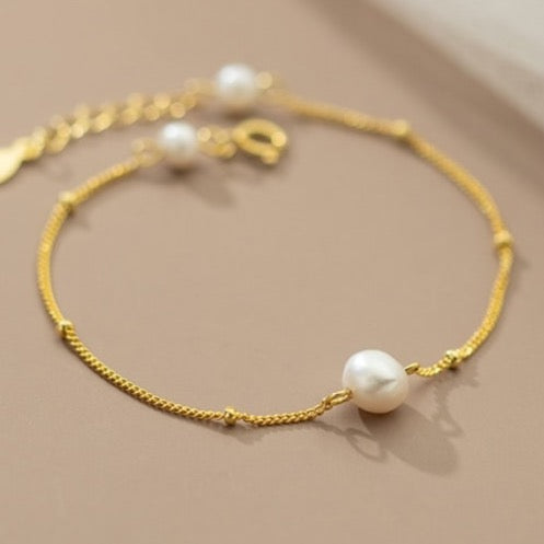 925 Sterling Silver Imitation Pearl Geometric Minimalist Link Bracelet for girl